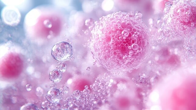 Pink cells with bubbles in liquid