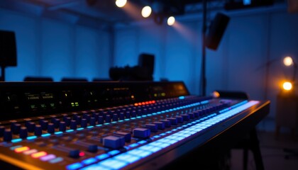 a mixing console glowing under soft blue lighting