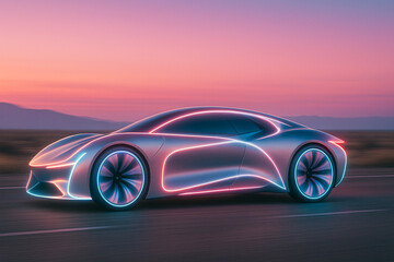 Futuristic cyberpunk electric car on highway at sunset.
