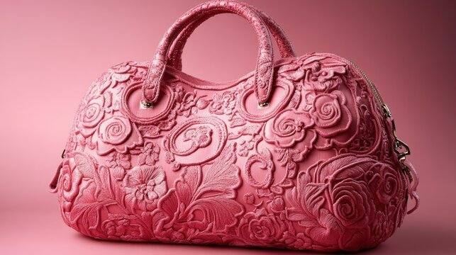 Pink handbag with embossed floral design