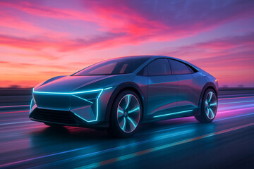Futuristic cyberpunk electric car on highway at sunset.