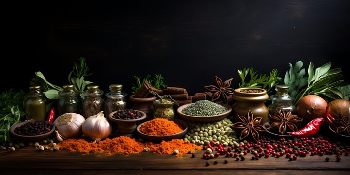 Aromatic Spices and Herbs Collection on Dark Wooden Table Background, Featuring Peppercorns, Chili Peppers, and Various Seasonings