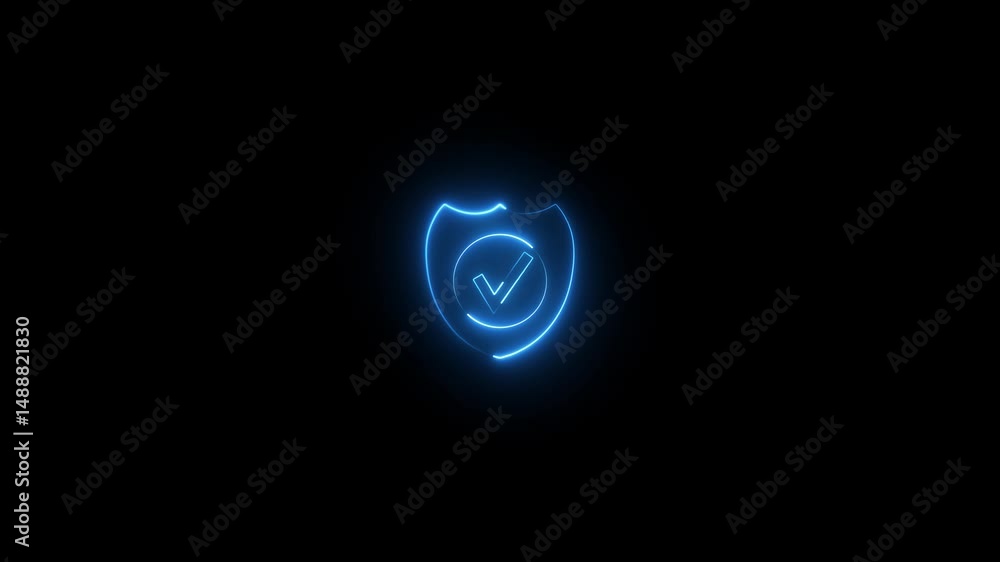 Poster futuristic neon lighting shield check mark icon.protection secure lock sign. security and privacy sy