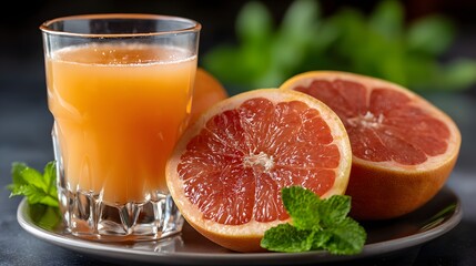 Invigorating grapefruit juice in a glass, alongside halved grapefruits and fresh mint sprigs, creates a refreshing and healthy composition.