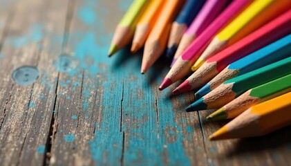 Vibrant colored pencils scattered on wood table, background, design