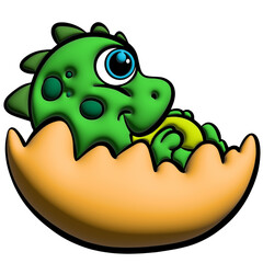 Cartoon Baby Dinosaur in Egg – Green Hatching Character