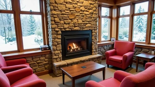 Cozy hotel lounge with a central fireplace, red armchairs, stone walls, and snow covered trees visible through large windows in the background.