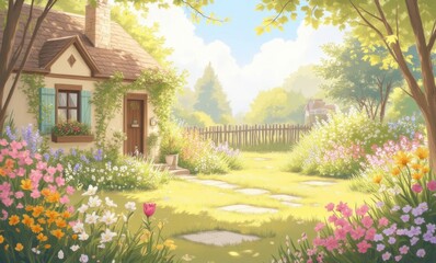 Charming cottage surrounded by vibrant flowers in a serene, sunlit garden.