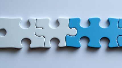 Obraz premium Row of puzzle pieces, white and light blue, on a light gray background