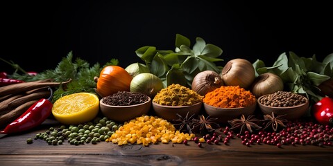 Vibrant Spices Herbs and Ingredients on Rustic Wooden Tabletop Background for Culinary Food and Recipe Designs