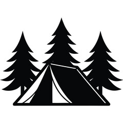 Obraz premium Silhouette Camping Tent Surrounded by Pine Trees, Outdoor Adventure