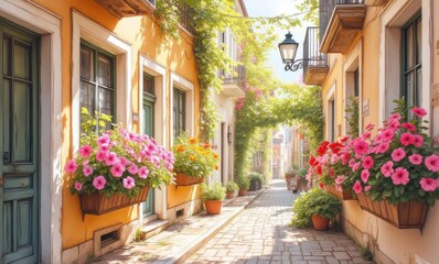 Charming alleyway adorned with vibrant flowers, inviting a serene stroll.