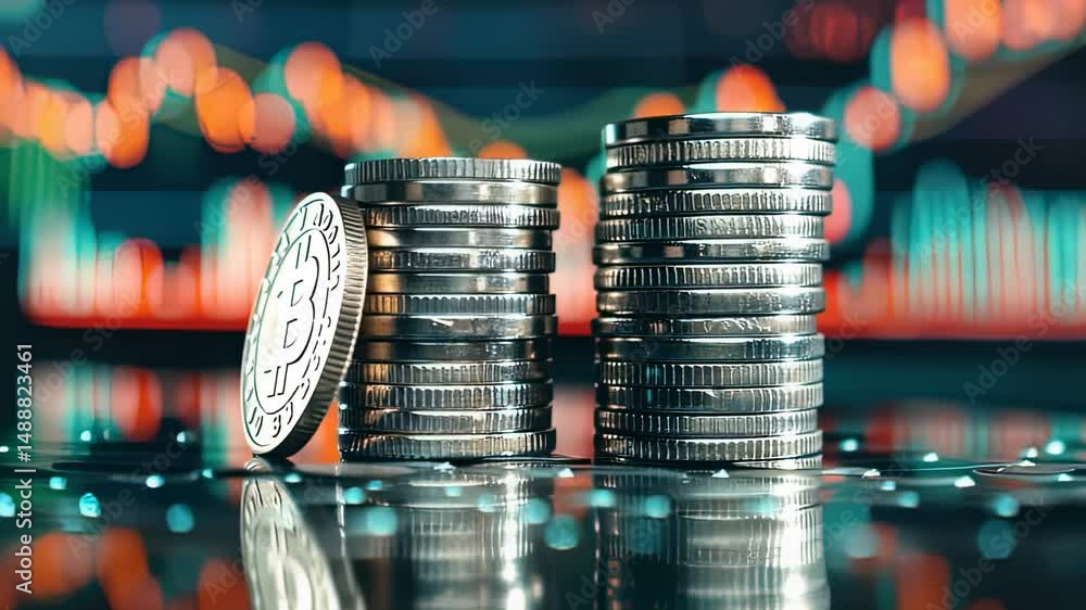 Poster close-up of bitcoin coins with stock market graph in background, reflecting on a glossy surface