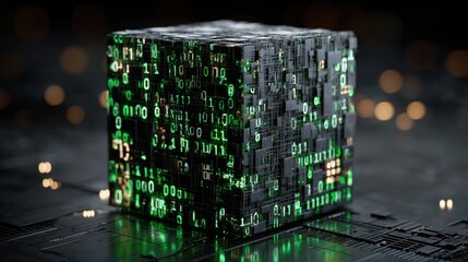 A digital cube structure, illuminated with glowing green symbols.