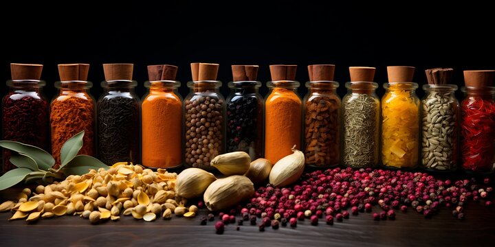Aromatic Spices and Herbs in Glass Jars on Dark Wood Surface, Vibrant Colors and Textures for Culinary Background - Powered by Adobe