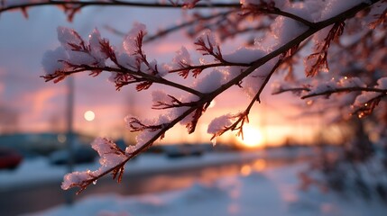 Winter's Touch: A delicate branch adorned with snow crystals against a soft sunset canvas of pinks and oranges creates a tranquil winter scene.