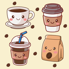 Set of Coffee Cups and Coffee Bag. Cute cafe Bar or Coffee House Graphics With Cute Ekspresion. Vector Illustration, Icons.