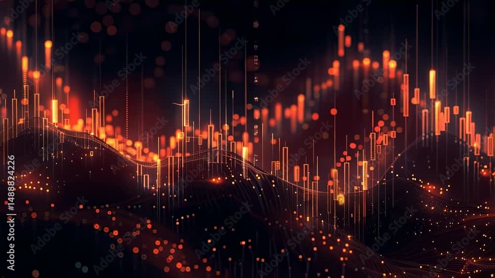 Poster abstract financial data visualization with glowing orange lines and bars on a dark background