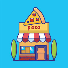 Adorable pizza shop illustration in cartoon style. Vector design of a colorful fast food restaurant with a giant pizza slice sign on the roof.