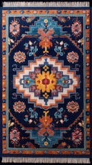 A intricately designed decorative carpet with geometric patterns, showcasing detailed craftsmanship and vibrant colors