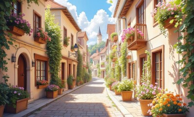 Charming street with flower-adorned houses in a picturesque village setting.