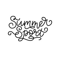 Summer Sport lettering in script style. Black letters on white background. Monoline hand written calligraphy style with flourish	