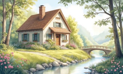 Charming rural cottage surrounded by lush greenery and a serene river landscape.