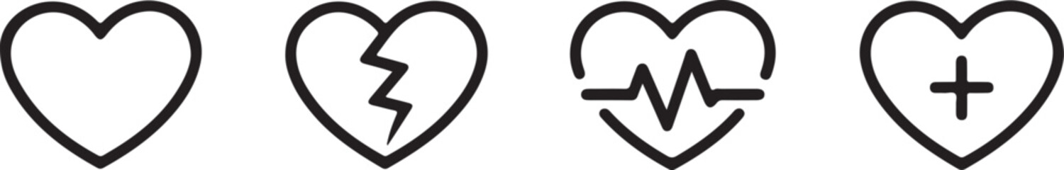 Four Heart Icons Whole Heart, Broken Heart, Heartbeat, Medical Heart