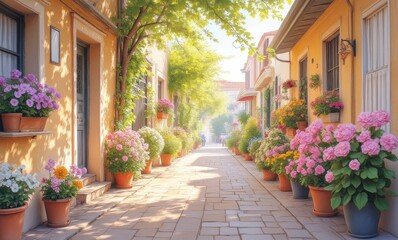 Charming alleyway adorned with colorful flowers and warm sunlight.