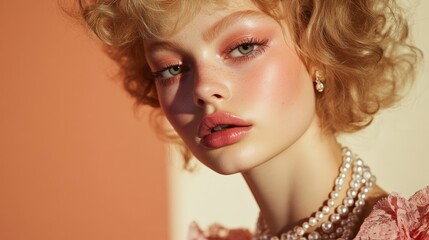 Obraz premium Young caucasian female with curly blonde hair and pearl necklace in soft lighting