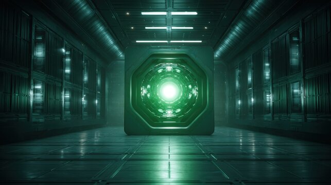 Futuristic green corridor with glowing central portal.