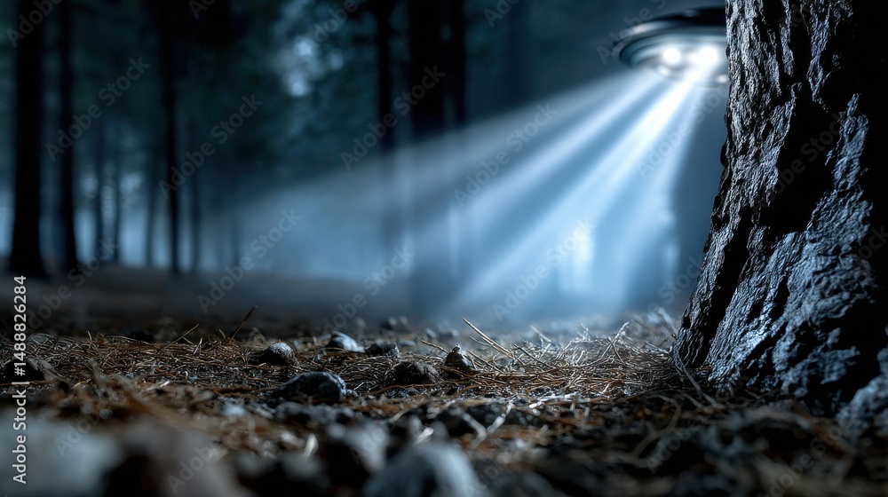 Poster a blurry image of a forest with a bright light shining on a rock