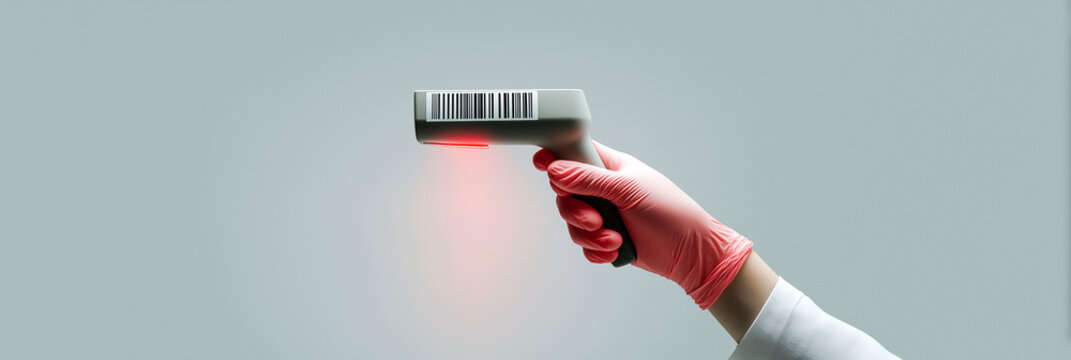 Hand in pink glove holding barcode scanner with red laser on gray background