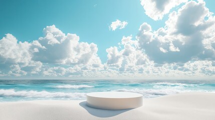 Beachfront podium with ample space for product display, blue sky and fluffy clouds creating a peaceful background