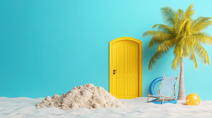  Sunny Escape: 3D Yellow Door with Beach Scene and Summer Essentials

