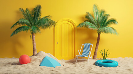 Obraz premium Sunny Escape: 3D Yellow Door with Beach Scene and Summer Essentials