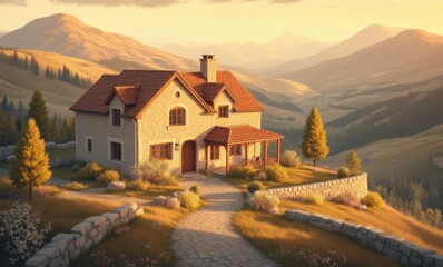 Charming stone house with a porch set against a serene mountain landscape at sunset.