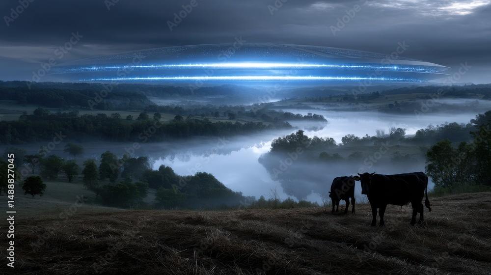 Aufkleber a group of cows are standing in a field next to a river