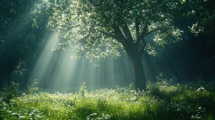Obraz premium Sunbeams pierce a misty forest, dappled light on blossoming trees