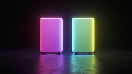 Two vibrant, glowing cans of different colors in a dark setting.