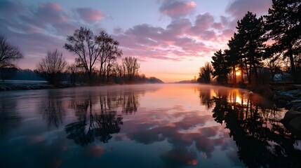 A serene river reflects a beautiful sunset sky, with silhouettes of trees along the banks, creating a tranquil and picturesque landscape.
