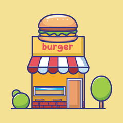 Vector illustration of a burger fast food restaurant in cute cartoon style. Colorful and fun design with a big burger sign, ideal for children’s projects or games.