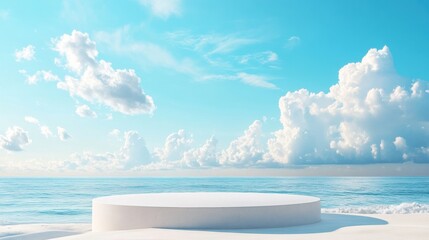 Clean and simple podium on a beach with open copy space for display, blue sky and gentle white clouds behind