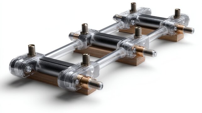 A train track with a wooden base and a silver frame