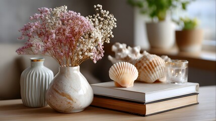 Obraz premium Still life featuring delicate flowers in vases, seashells, a small candle, and books arranged on a wooden table surface.