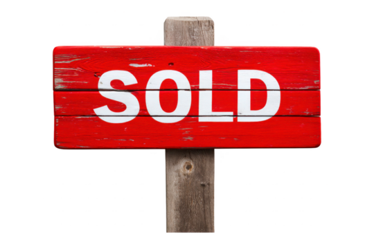 Red sold sign on wooden post isolated on transparent background