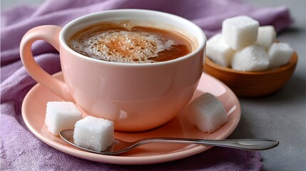 A delicate pink cup filled with warm coffee sits on a matching saucer, complemented by sugar cubes in a small wooden bowl.
