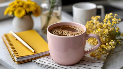 A cozy scene with a pink mug of coffee, a yellow notebook, pen, and flowers creates a tranquil and inspiring workspace.