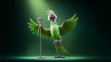 a cartoon parrot standing on a comedy stage with a mic stand, laughing with one wing covering beak, confident expression, spotlight from above, green  background,  3D cartoon
