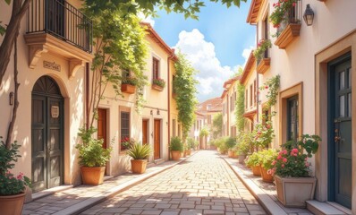 Charming street with vibrant flowers in sunny, warm neighborhood.